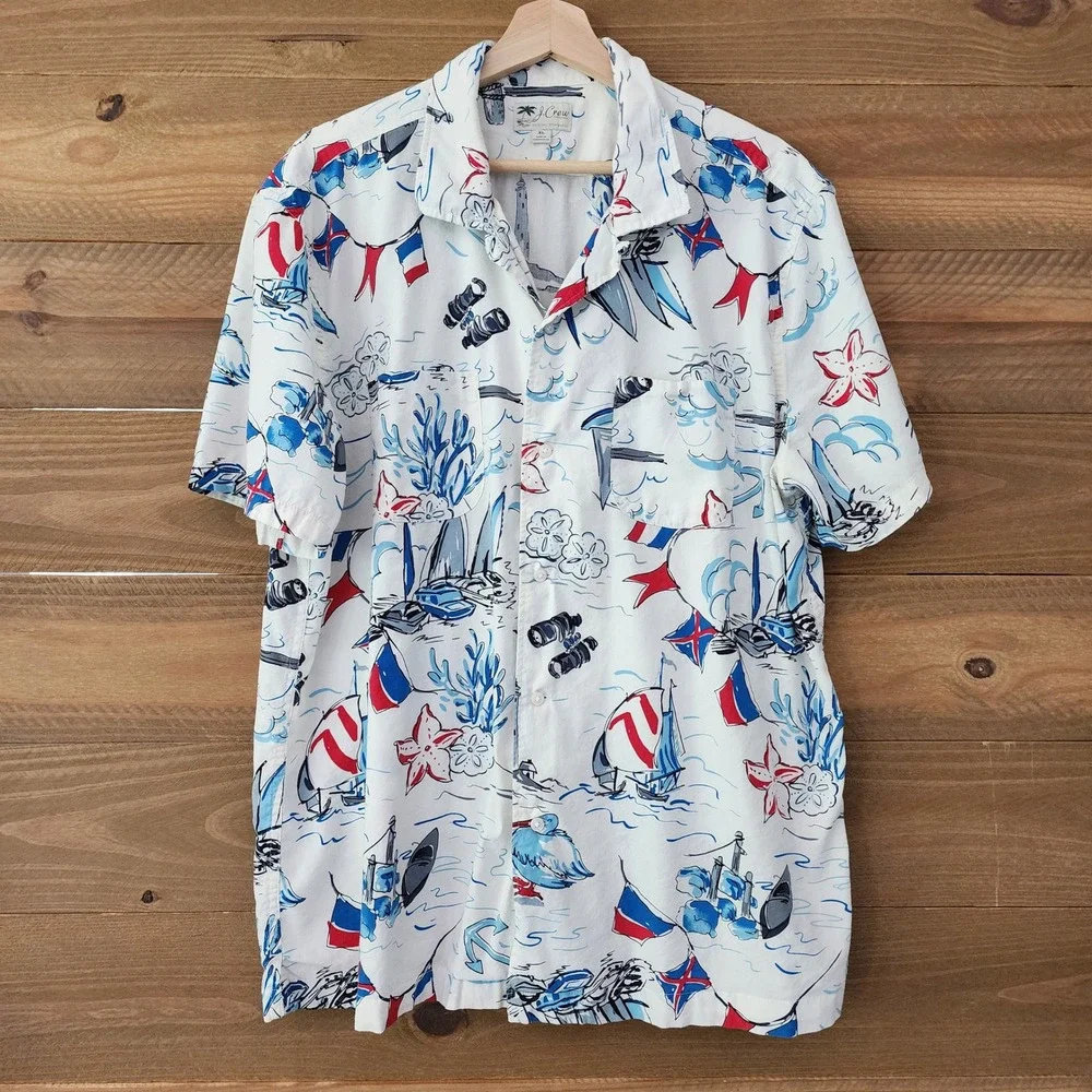 J. Crew‎ short sleeve button front Hawaiian shirt white blue mens size XL boats